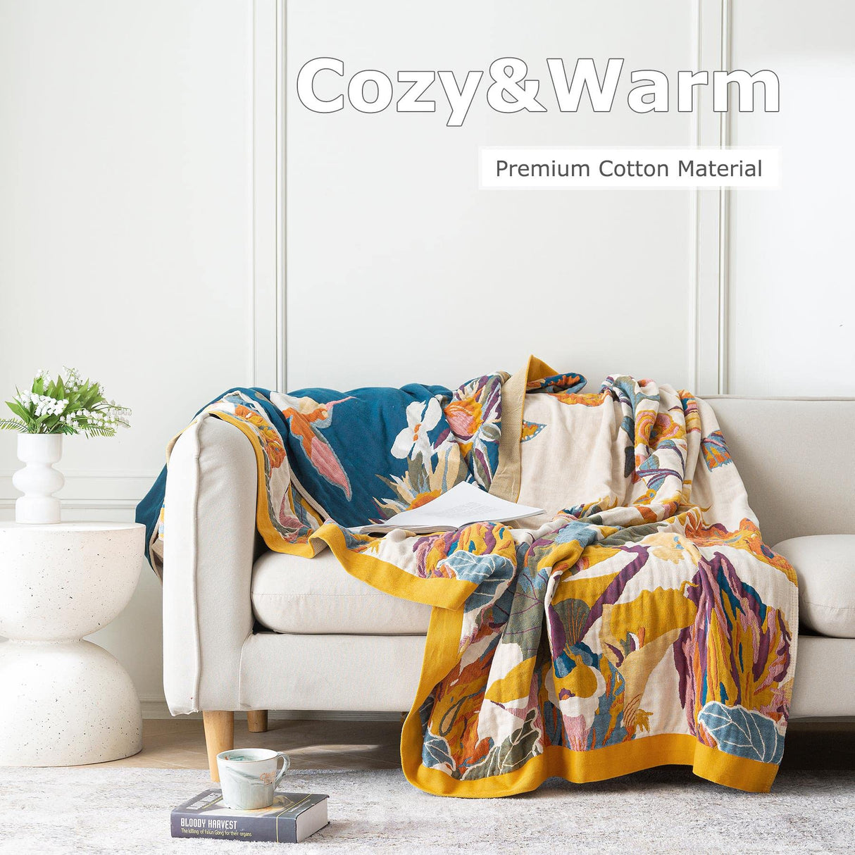 Boho Throw Blanket - 100% Cotton Ultra Soft Bed Throw Large - Fall Blanket Floral Bird and Butterfly Farmhouse Decor Bed Blankets,60"×80" All Season Blanket for Sofa Couch Chair LUTBM