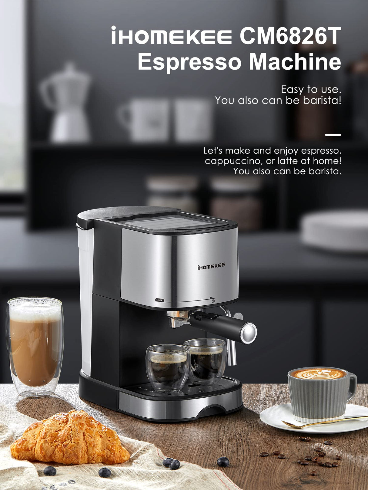 Ihomekee Espresso Machine, Espresso and Cappuccino Coffee Maker with Milk Frother/Steam Wand for Latte, Mocha, Cappuccino, 15 Bar Pump Pressure Semi-Automatic Coffee Machine, Silver+Black Ihomekee