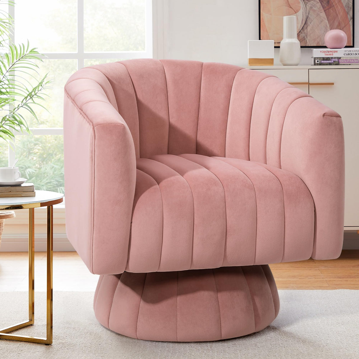 Kromax Accent Chair Mid Century 360 Degree Swivel Barrel Chair with Armrest, Overstuffed Tufted Velvet, Ideal for Living Room, Bedroom, Reading Room, Light Pink Kromax