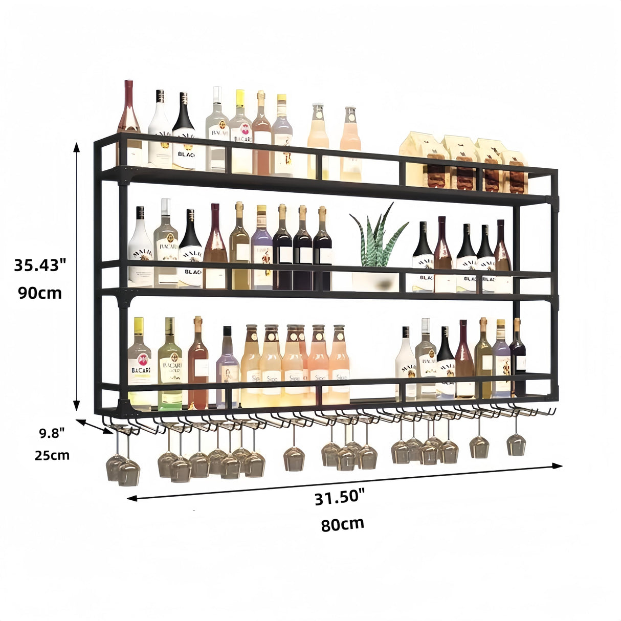 PIKYsailed 31 Inch Metal Wine Rack Wall Mounted, Bar Shelves Wall Mounted with LED Light, Large 3-Tier Liquor Bar Display Shelf with Hang Mugs and Wine Glasses for Home Bars & Kitchen, Black PIKYsailed