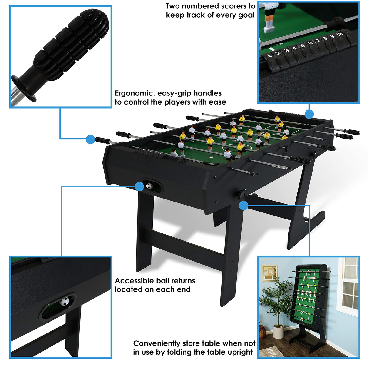Sunnydaze 48-Inch Indoor Folding Foosball Table - Hollow Metal Rods - Space Saving Design Sunnydaze