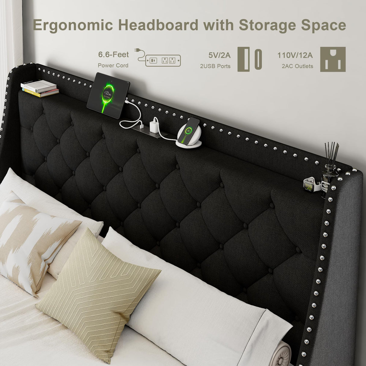 Feonase King Size Bed Frame with Luxury Wingback and Fast Charging Station,Upholstered King Button Tufted Storage Headboard Platform Beds, Wooden Slats Support, Noise-Free, Easy Assembly,Matte Black Feonase