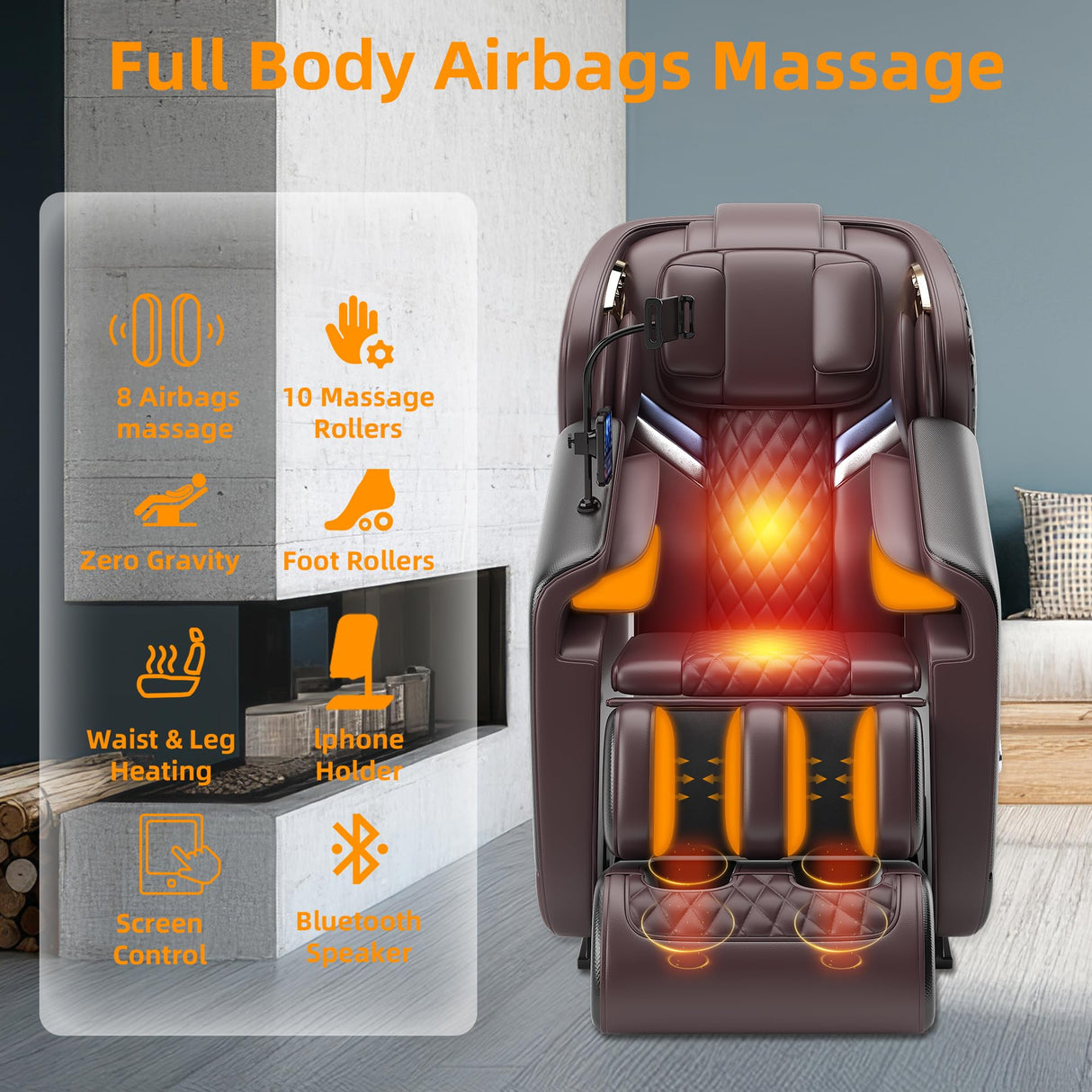 Massage Chair Full Body, Zero Gravity 4D Shiatsu Massage Recliner Chair with Heat, Airbags, Phone Controller, Bluetooth Speaker, Brown DODOPEN