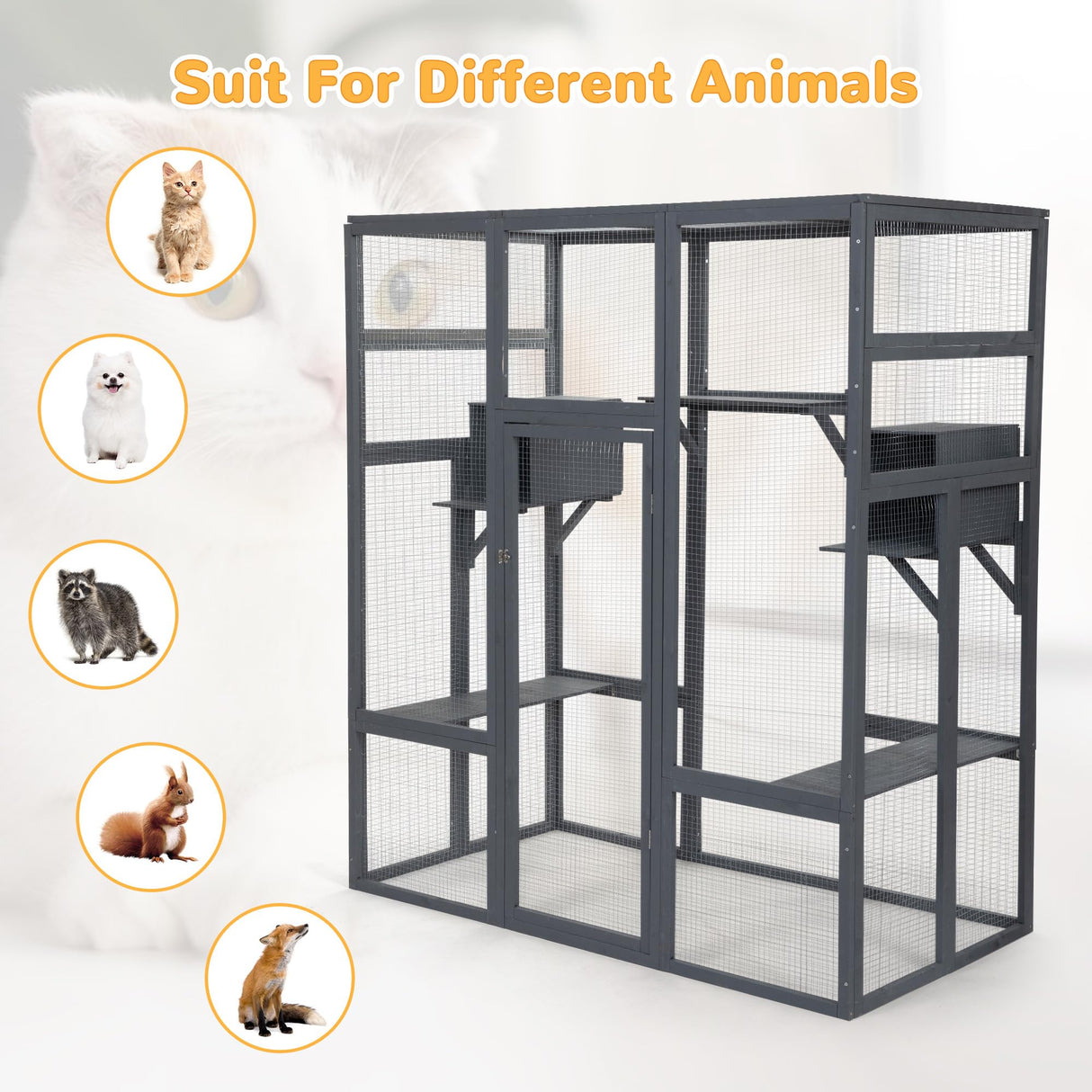coivvovv Large Cat House Outdoor Catio - Cat Play & Run Enclosures Indoor Kitty Window Cage with Waterproof Roof, 7 Platforms & 2 Resting Box, UV Resistant, 62.4" L x 32.4" W x 70.1" H, Grey cozivvovv