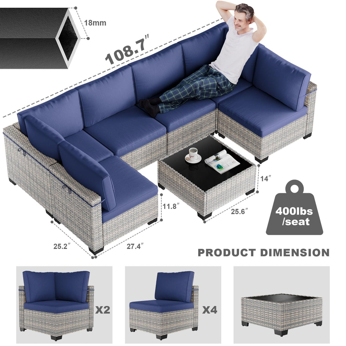 Sweecci 7-Piece Patio Furniture Set, Outdoor Sectional with Thick Cushions, Modular Patio Sofa, Dual-Strand Wicker Rattan, Rust-Resistant Frame, Backyard Furniture for Garden, Deck, Navy Blue Sweecci