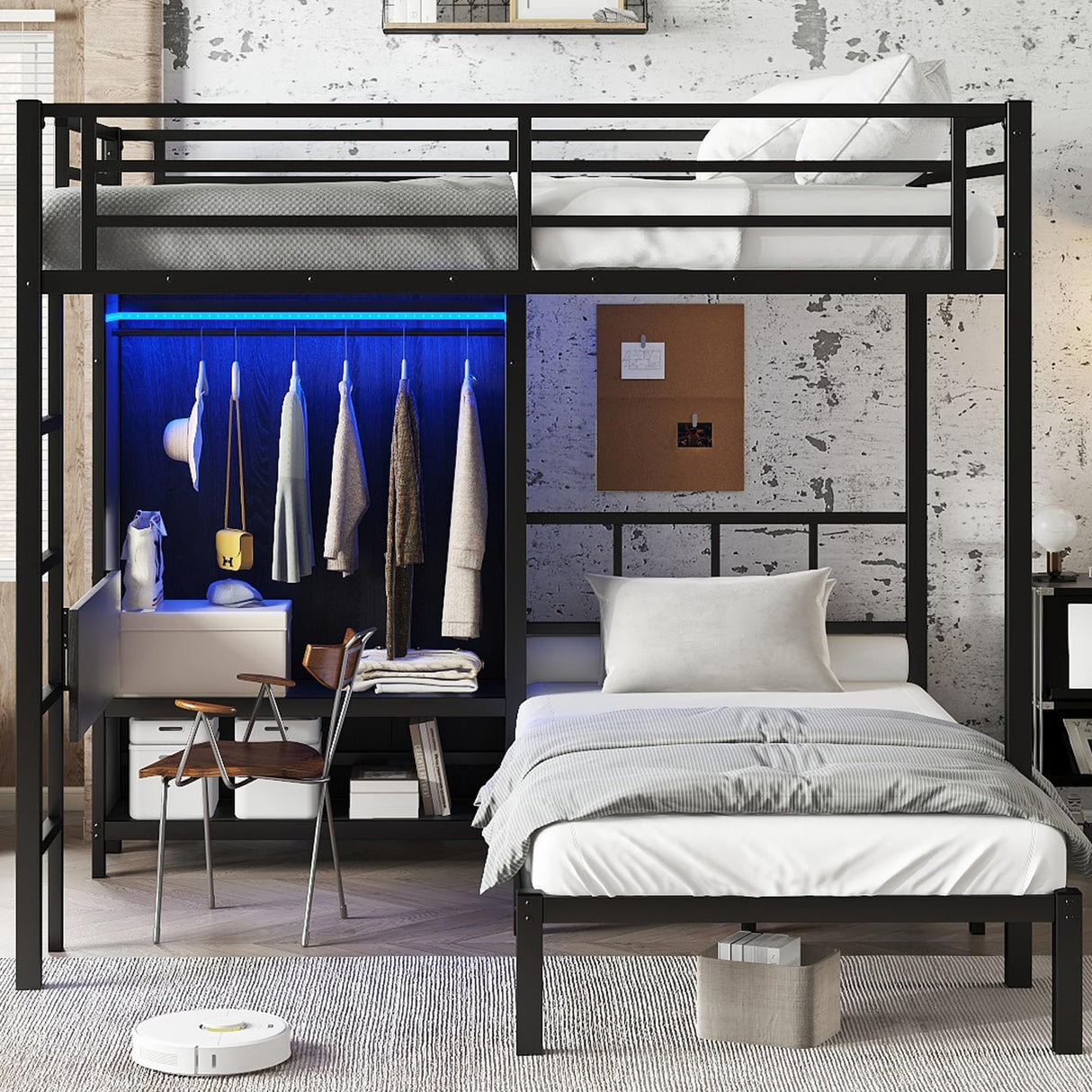 Bellemave Full XL Over Twin Bunk Beds with Folding Desk, Wardrobe and Shoe Rack, Heavy Duty Metal Bunk Bed with RGB LED Light, Ladder and Full-Length Guardrail, Black Bellemave