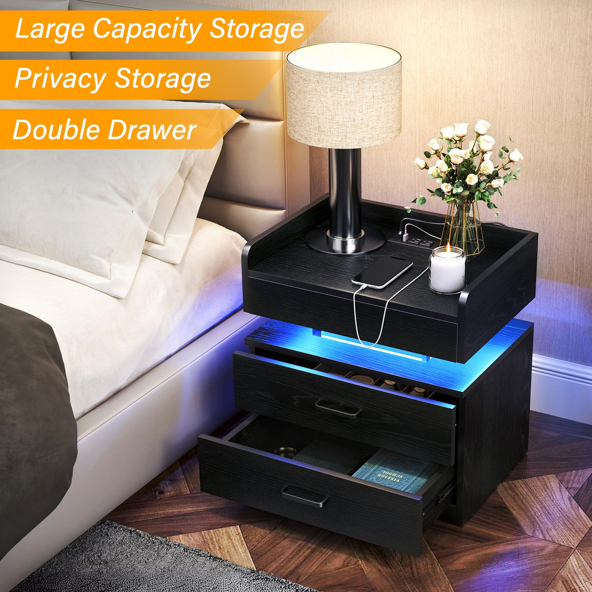 TC-HOMENY Floating Nightstand with 2 Drawers, LED Nightstand with Voice-Activated Mode, Side Table End Table with Charging Station (Black) TC-HOMENY