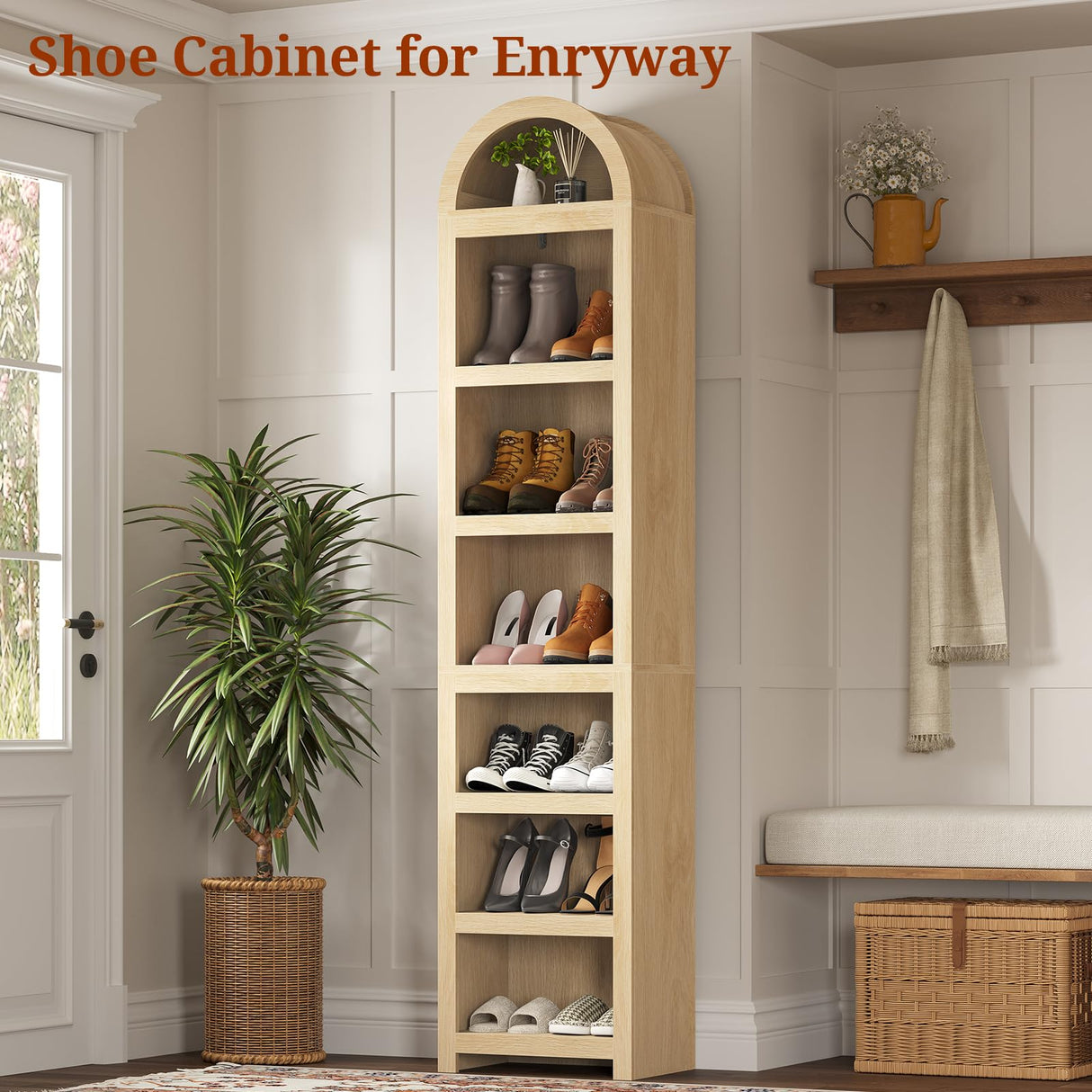 UPOSOJA 76" Tall Narrow Arched Bookcase,7-Teir Mid-Century Modern Bookshelf,Adjustable Shelves offering More Storage Space for Living Room,Kitchen,Home Office,Oak UPOSOJA