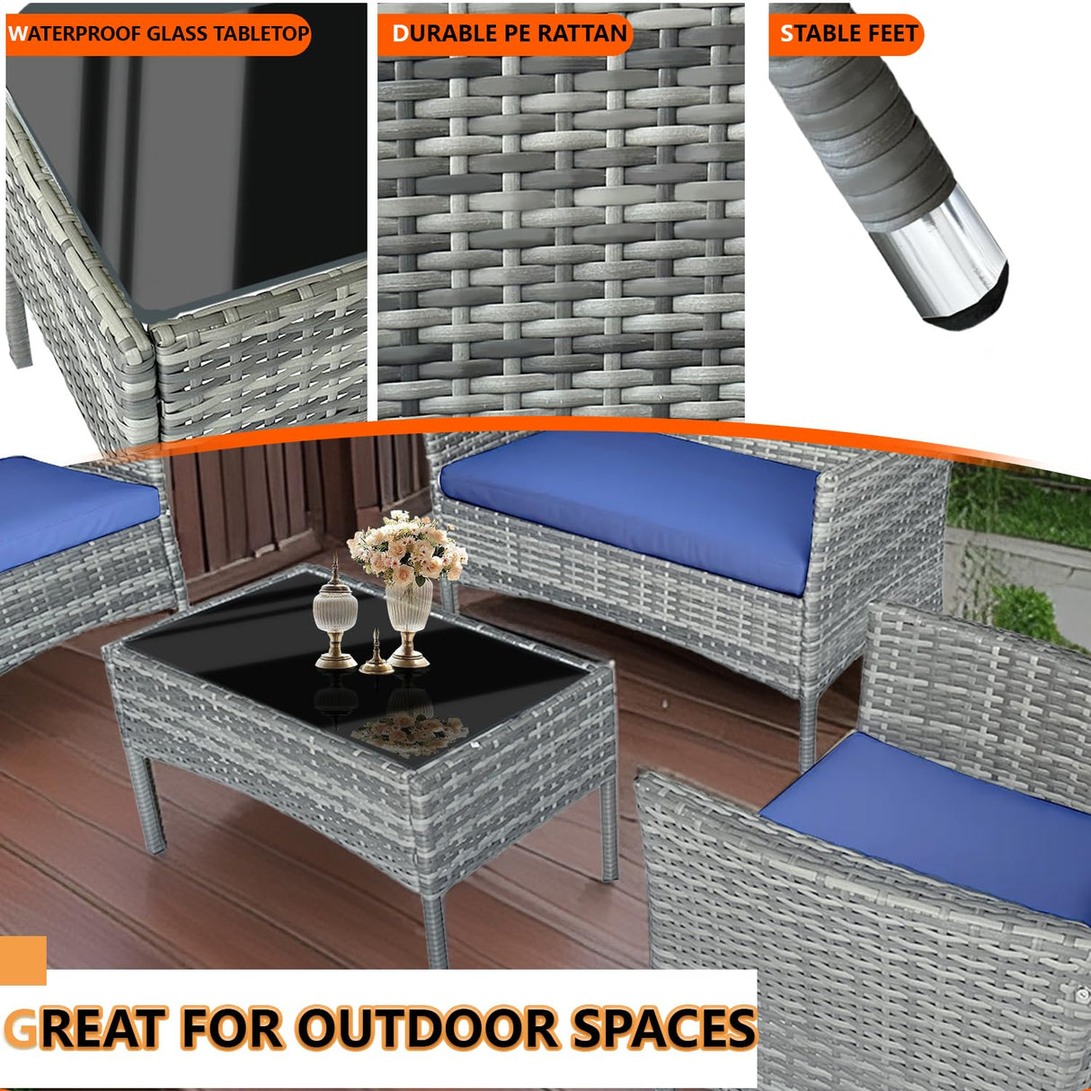 Patio Furniture Set 4 Pieces,Rattan Wicker Double Sofa, Coffee Table,Conversation Outdoor Sets, with Coffee Table and Soft Cushions, Garden Balcony Backyard Lounge Chairs (Gray+Blue Cusion) Generic