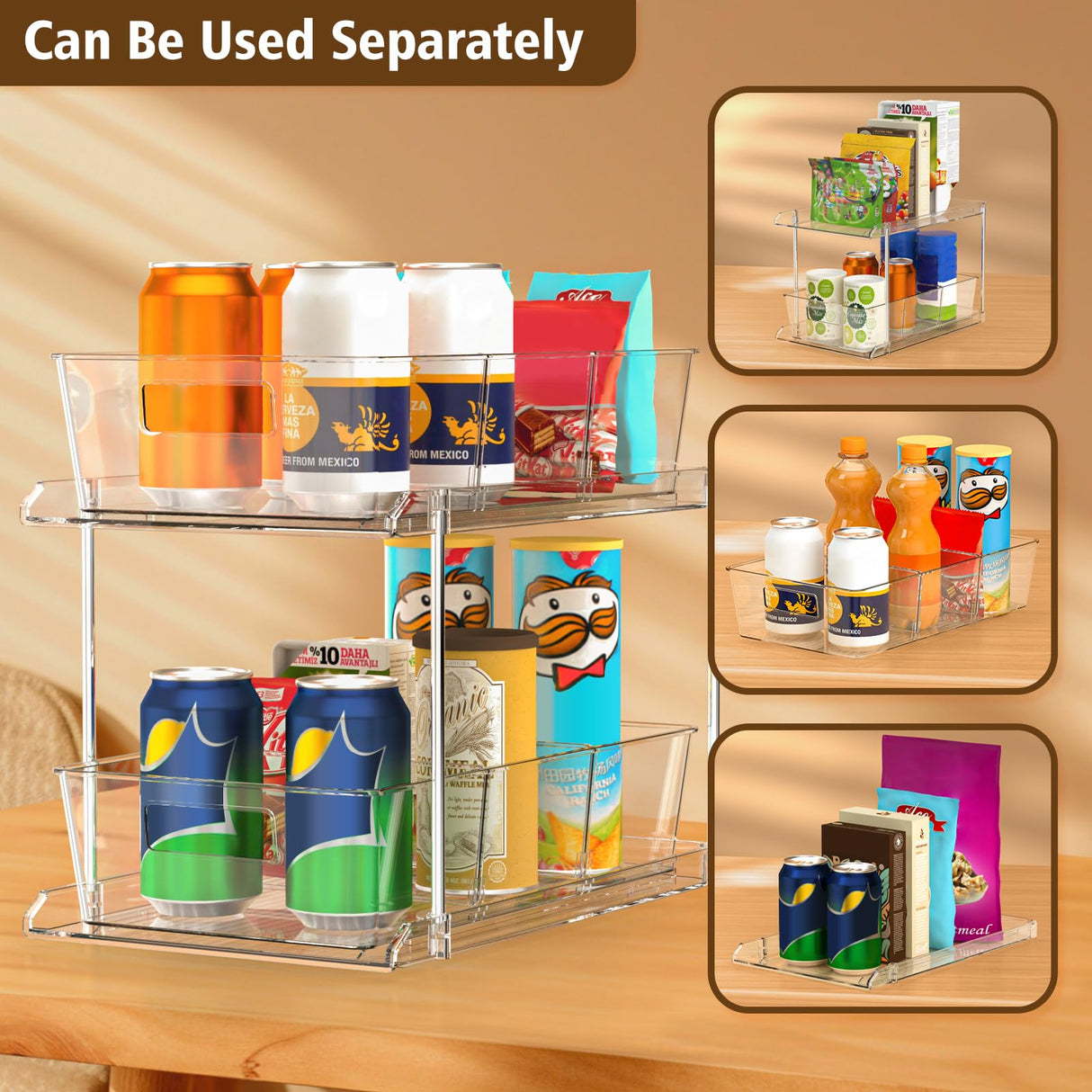 Fabspace Pull-out Home Organizer, 2 Pack 2 Tier Clear Bathroom Organizer with Dividers, Multipurpose Vanity Counter Tray, Kitchen, Closet Organizers, Cabinet & Storage Container Bins Fabspace