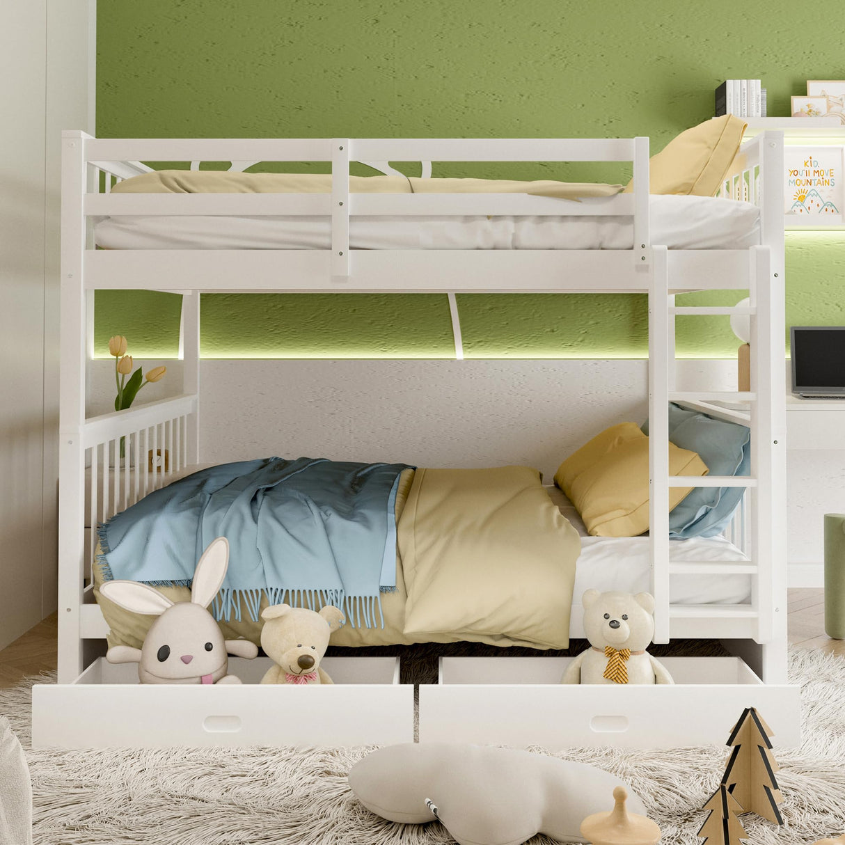 Merax White Convertible Solid Wood Bunk Bed with Ladders and Storage Drawers - Full Over Full Merax