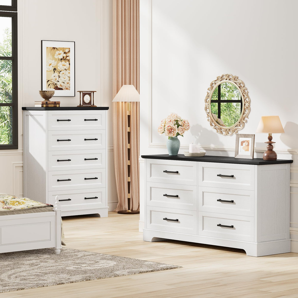 Furmax Farmhouse Dresser for Bedroom, 6 Drawers Dresser, Wood Chest of Drawers, 52" Wide Storage Dressers Organizer for Bedroom, Living Room, White and Black Furmax