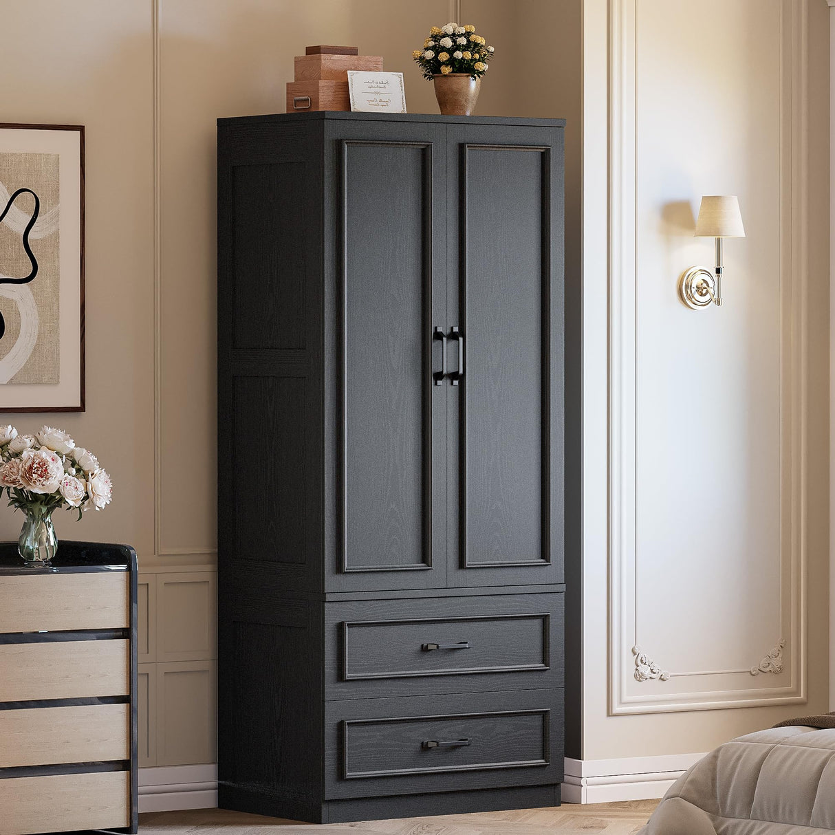 LIKIMIO Armoire Wardrobe Closet with 2 Doors and 2 Drawers 70" H x 28" W Wooden Bedroom Freestanding Wardrobe Combination for Hanging Clothes, Black LIKIMIO