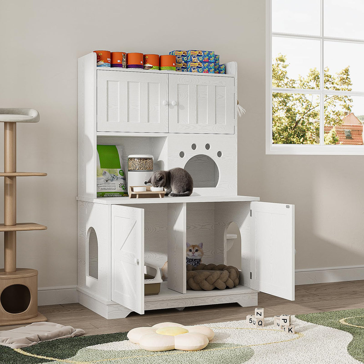 ANCTOR Multifunctional Cat Cabinet Cat Litter Box Enclosure Furniture 3-Tier Storage Play Area Tall Litter Box Furniture with Storage Easy Assembly (35.5”H, White) ANCTOR