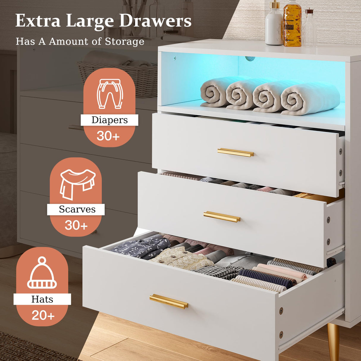EnHomee Dresser, Dresser for Bedroom, White Dresser with LED, Wood Dressers & Chests of Drawers, 6 Drawers Dresser for Bedroom, Dresser Wood, Large Dressers Bedroom Furniture EnHomee