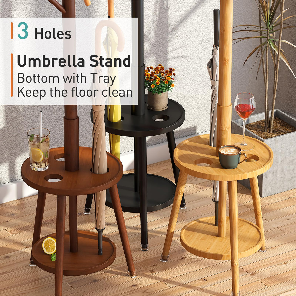 Coat Rack, Bamboo Wood Coat Freestanding with Umbrella Holder, Adjustable Height Coat Stand with 8 Hooks, kids coat rack, Used In The Bedroom Living Room, Office To Hang Clothes, Hats, Bags (Natural) Vriccc