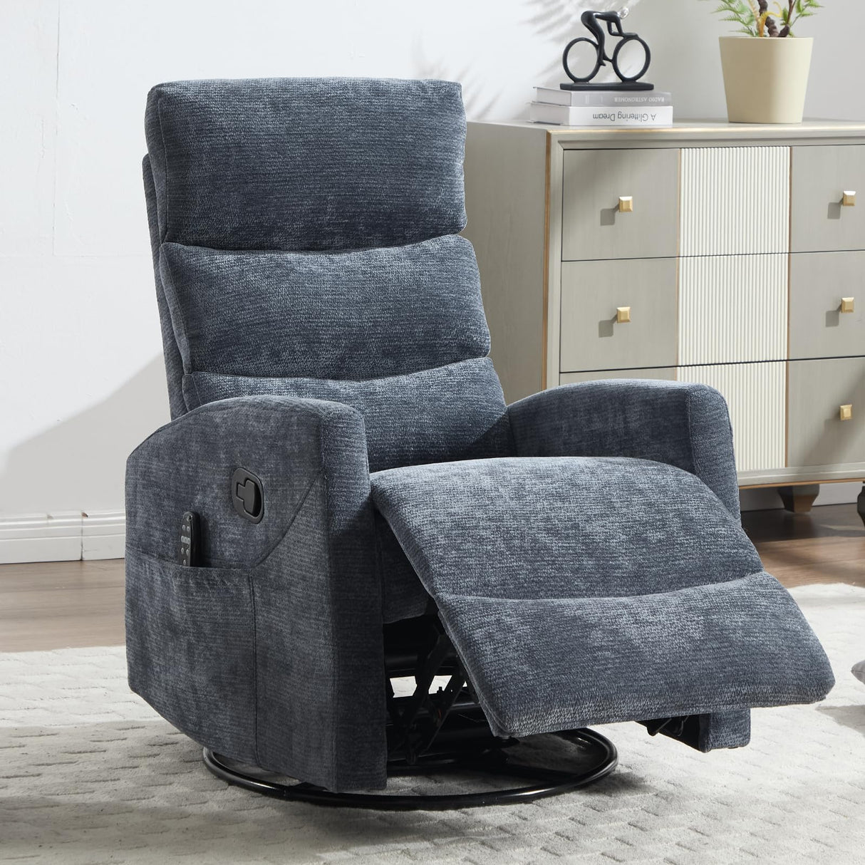 Trustyue Swivel Rocker Recliner Chair, 360° Swivel Recliner with Heat and Massage, Rocker Recliner Upholstered Fabric Nursery Glider Recliner Chair with Side Pockets for Living Room Blue Trustyue