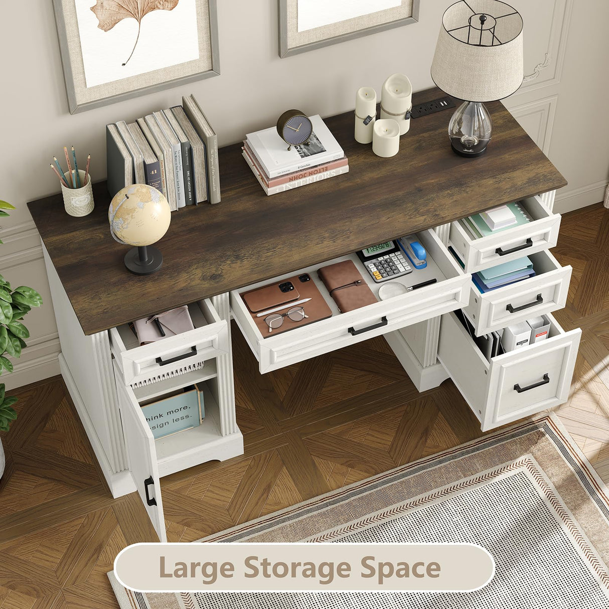 Furniouse 58" Executive Desk, Farmhouse Computer Desk with Drawers and Cabinet with Charging Station, Wooden Home Office Desk, Workspace for Work Study Writing, Brown Tabletop, Off White Furniouse