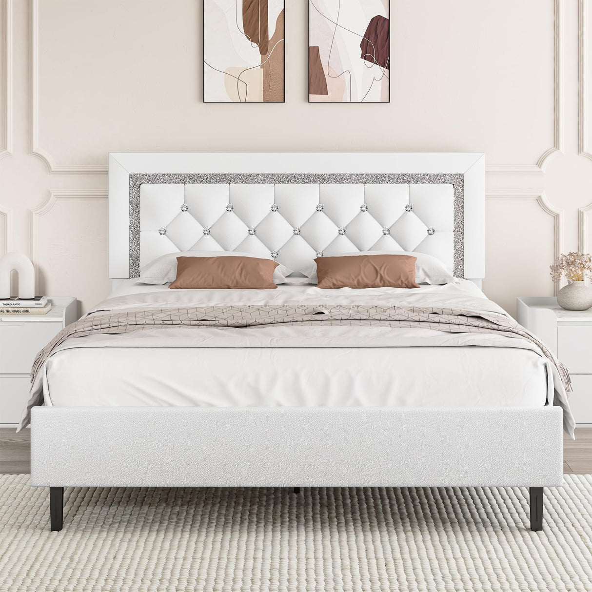 BarnFurin Full Size Bed Frame with Tufted Button Headboard, Upholstered Platform Bed Frame with Diamond Design, Wood Slat Support, No Box Spring Needed, Easy Assembly, White BarnFurin