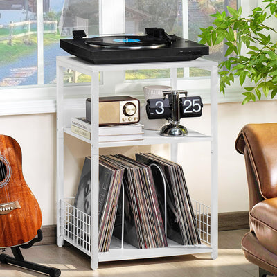 LELELINKY Large White Record Player Stand, 3 Tier Big End Table with Vinyl Storage, Turntable Stand, Industrial Printer Tables, Modern Nightstand for Living Room, Bedroom, Office