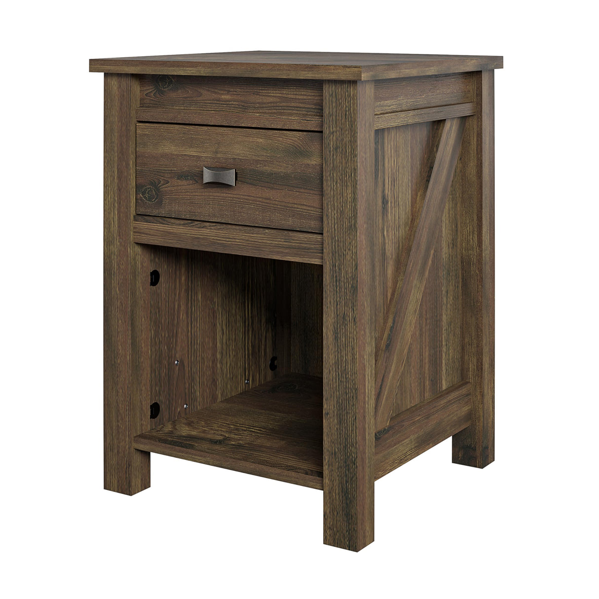 Ameriwood Home Farmington Country Style Nightstand with Barn Door Design, Concealed Drawer and Open Cubby, Textured Weathered Medium Brown Finish Ameriwood Home