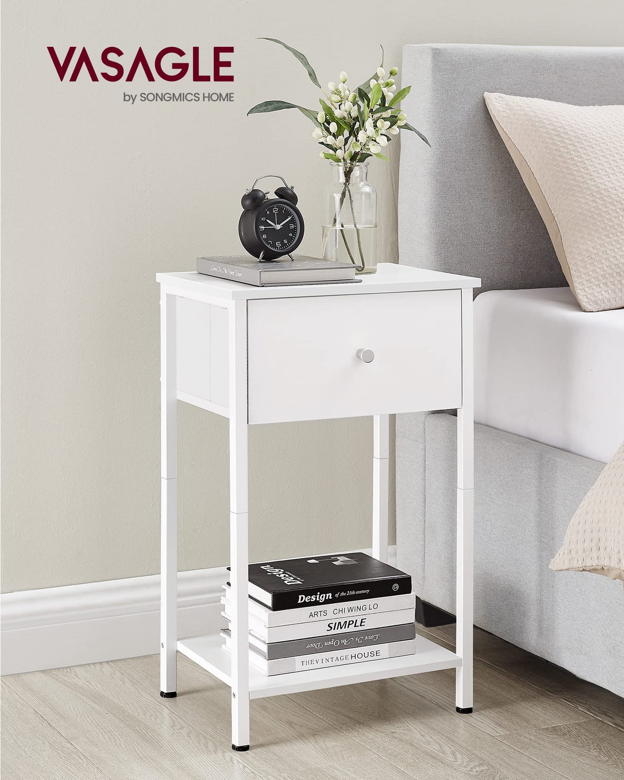 VASAGLE Nightstands, Set of 2 Side Tables with Fabric Drawer, 24-Inch Tall End Tables with Storage Shelf, Bedroom, White ULGS221W14 VASAGLE