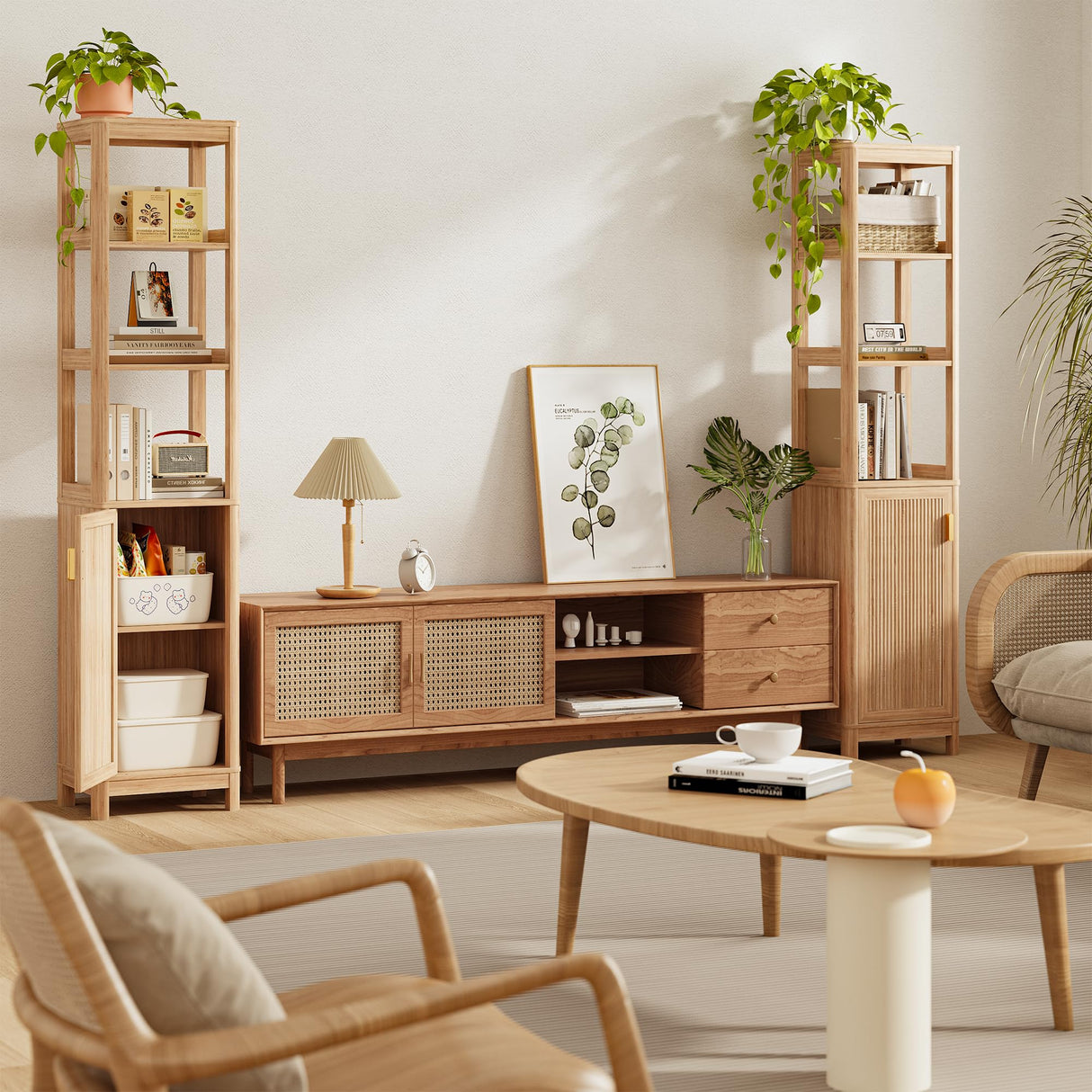 INNOD 68'' Tall Narrow Storage Cabinet with Adjustable Shelf and Door, Bathroom Storage Cabinet, Space Saver for Bathroom, Kitchen, Living Room, Natural Oak INNOD