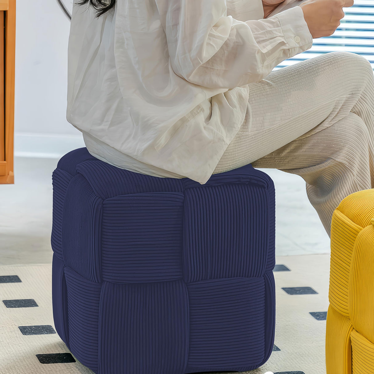Cmishe Ottoman Foot Rest Soft and Comfortable Ottoman Square Corduroy Woven Design Sofa Stool (Blue) Cmishe