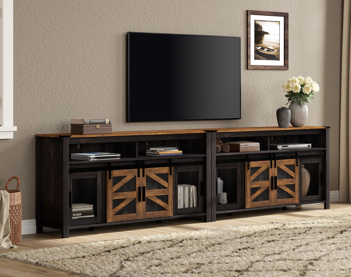 WAMPAT Set of 2 Farmhouse TV Stands with Mesh & Barn Doors for 100+ Inch TV, Antique Black & Brown 118" Entertainment Center with Open Storage Shelf, 2-in-1 Media Console for Living Room, Bedroom WAMPAT