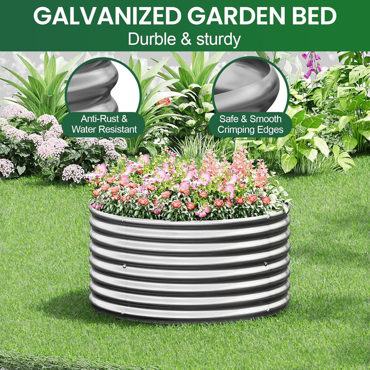 CATMANOR 4 Pack 2FT Length Round Galvanized Raised Garden Bed Outdoor,Metal Garden Bed for Vegetables,Steel Raised Beds for Gardening,Above Ground Garden Box for Flower CATMANOR