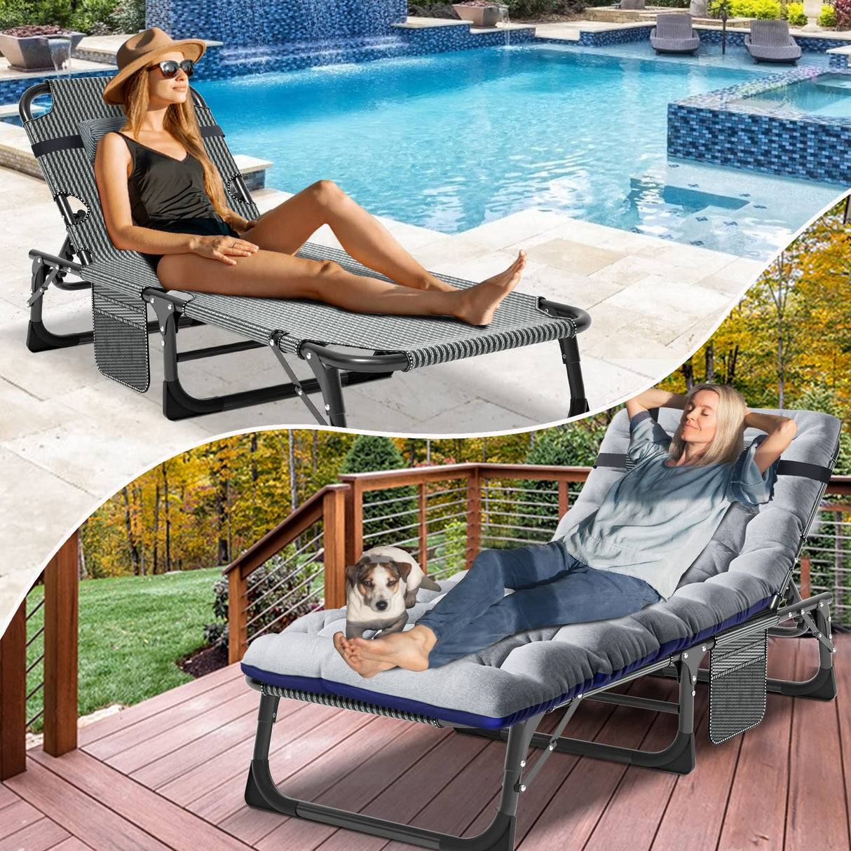 DoCred Heavy Duty Chaise Lounge Chair, Adjustable 5-Position Folding Chaise Lounge Chairs for Outside, Portable Lay Flat Beach Lounge Chair for Outdoor Sunbathing Beach Pool Lawn Camping DoCred
