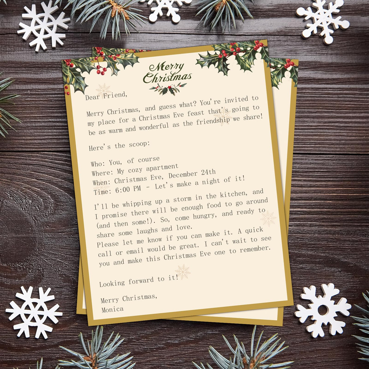 Lonfliness 50 Sets Vintage Christmas Holly Letterhead with Envelopes Christmas Border Computer Stationery paper for Note Letters to Santa Holiday Printer Paper Invitations Office School 8.5 x 11 In Lonfliness