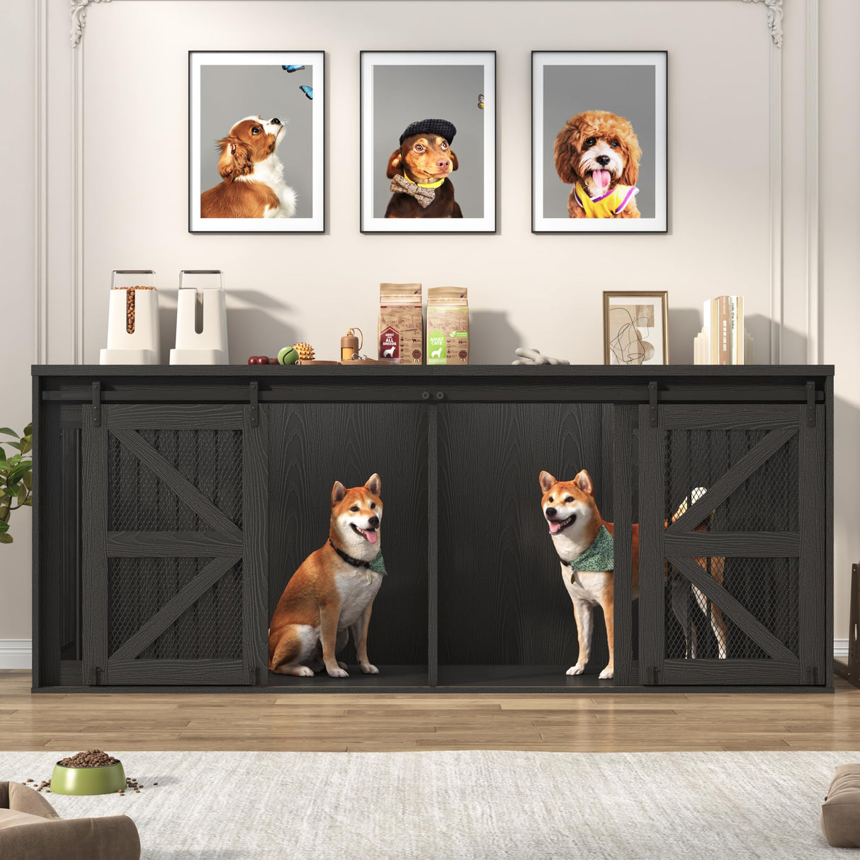 87In Farmhouse Dog Crate TV Stand, Wooden Dog Kennel Furniture with Sliding Metal Mesh Barn Door, Large Dog Crate Furniture for 2 Dogs, Solid Metal Tube & 2 Lockable Doors, Black jiteentarou