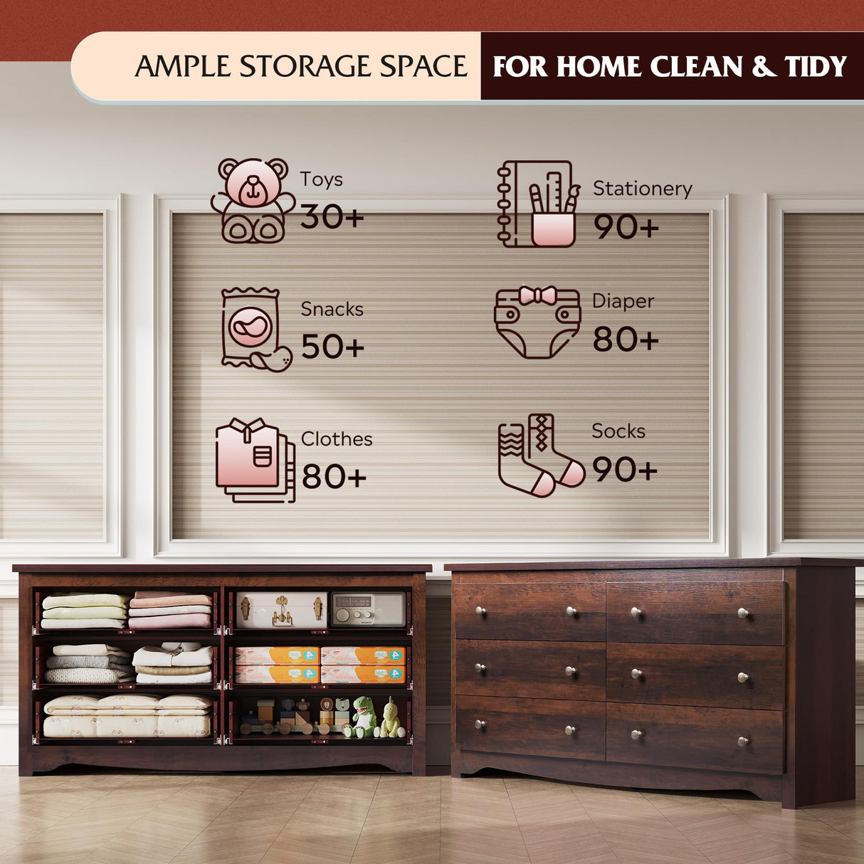 WLIVE Wood Dresser with 6 Drawer, Wide Chest of Drawers for Bedroom, Long Nightstand with Drawers, Modern Large Storage Tower Unit, Closet Store Organizer for Living Room, Hallway, Brown WLIVE