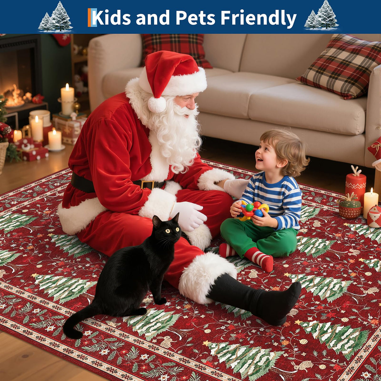 GarveeHome Red Christmas Rug 5x7 Washable Soft Stain Resistant for Living Room Bedroom Nursery Office Christmas Tree Animals Print Holiday Decor Low-Pile Carpet GarveeHome