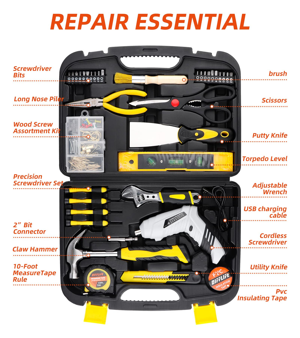 DIFFLIFE 136 Piece Tool Set,General Household Hand Tool Kit with Plastic Toolbox Storage Case-136 Piece… DIFFLIFE