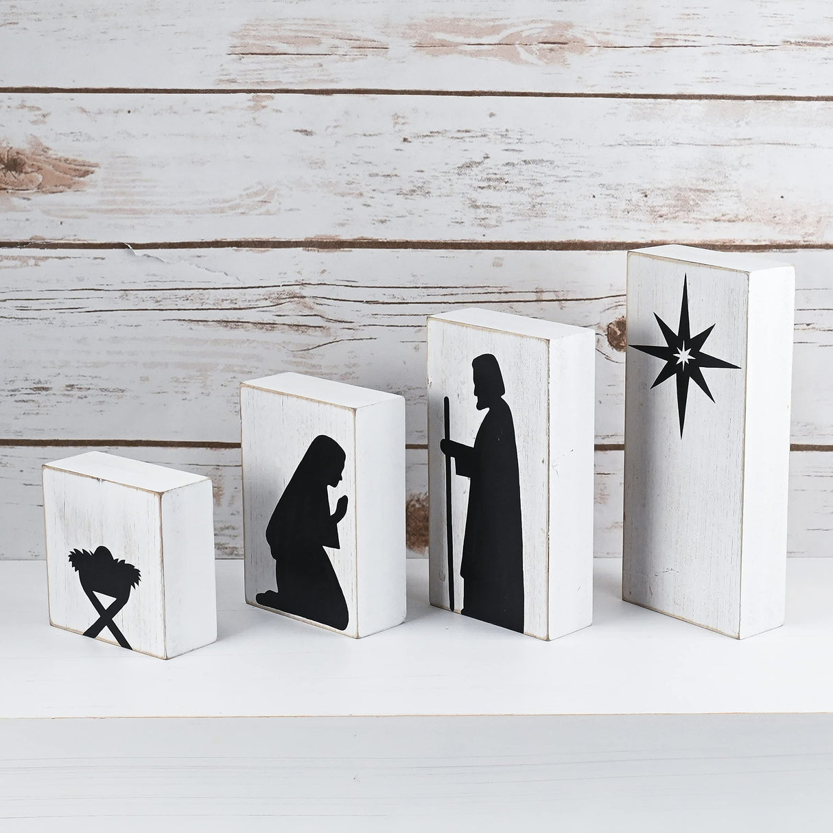 Ornativity Wooden Block Nativity Scene - Black Xmas Silhouette Christmas Figures on White Painted Wood Blocks Indoor Nativity Table Top Shelf Sitter Mantle Centerpiece Set Decorations - 1 set Ornativity