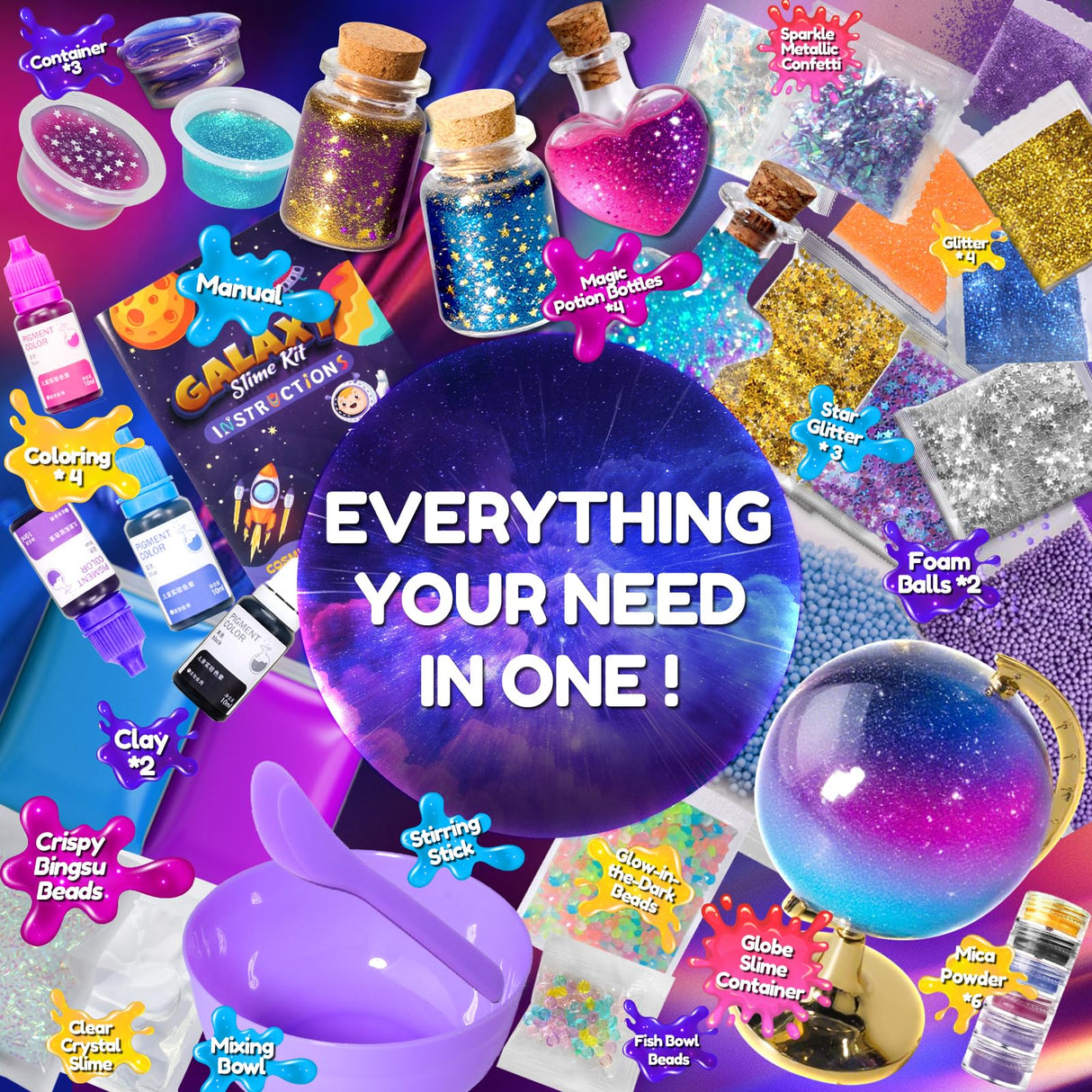Trubic Galaxy Slime Kit for Girls, Globe and Magic Potion Bottles Kits, Clear Crystal/Butter/Glow-in-The Dark Slime Making Kit, DIY Craft Birthday Party Favors Toys for Kids Girls Boys 7 8 9 10 11 12 Trubic