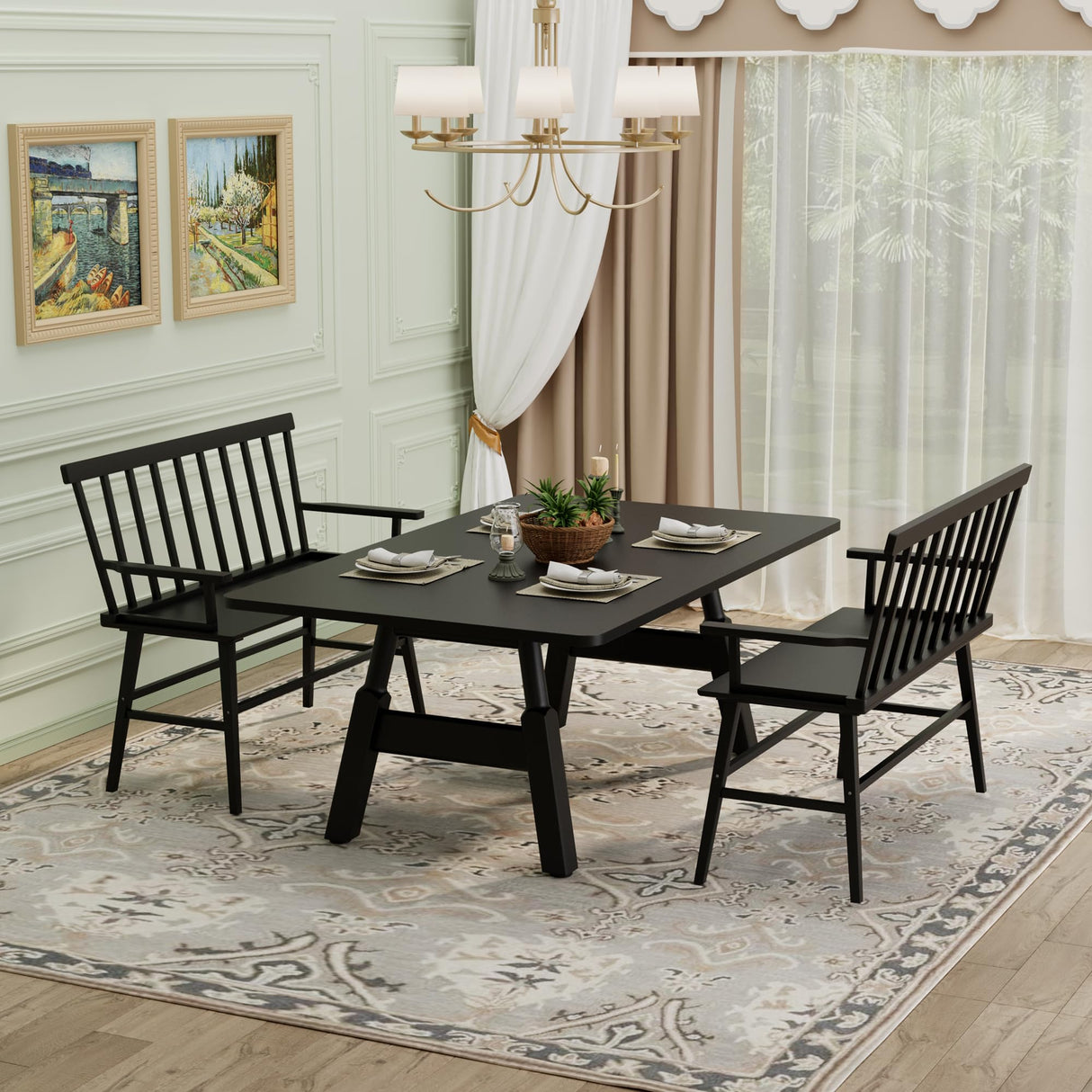 APRTAT Bamboo Entryway Bench, Farmhouse Dining Bench with Spindle Back & Armrest 3 Person Indoor Bench Chair Wood Windsor Bench Durable Easy Assembly for Foyer Balcony Hallway Living Room (Black) APRTAT