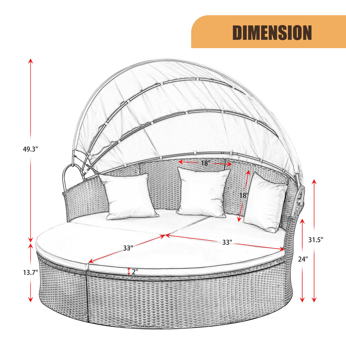 KaiMeng Patio Furniture Round Outdoor Daybed with Retractable Canopy Wicker Rattan Sectional Sofa for Lawn Garden Backyard Pool (Beige) KaiMeng