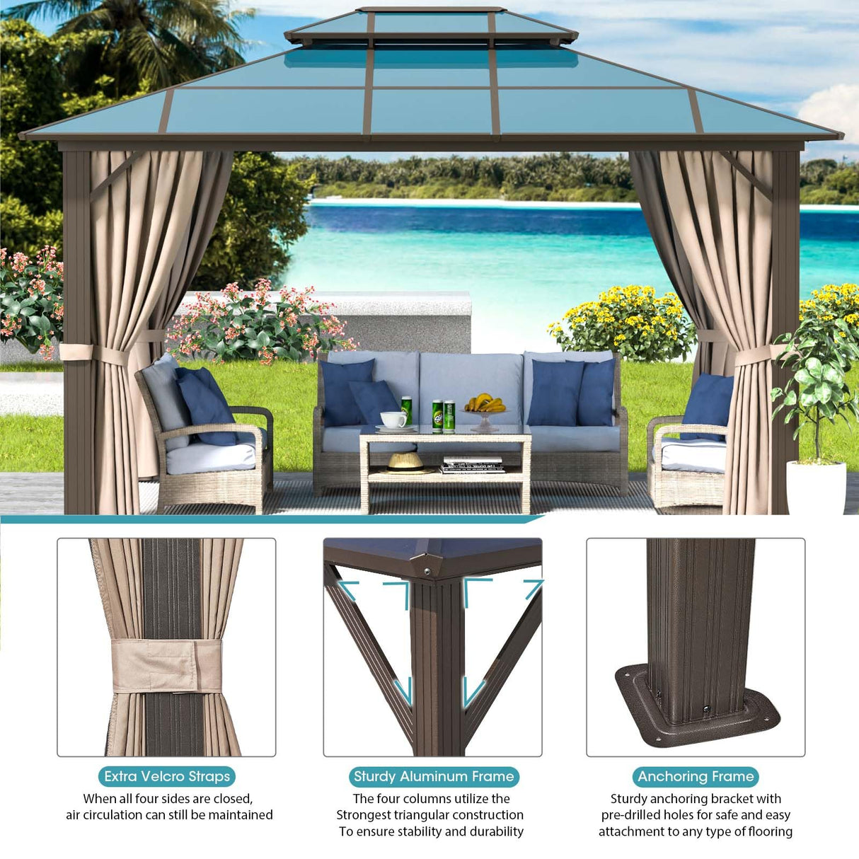 Aoxun 10'x12' Hardtop Gazebo, Outdoor Polycarbonate Double Roof Gazebo with Aluminum Frame Permanent Pavilion and Curtains & Netting for Backyard, Patio, Deck, Parties (Brown) Aoxun