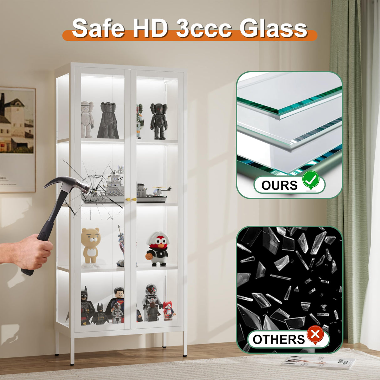 TIMELESS PIECES 66" H Glass Display Cabinet 4-Tier,Lighted Display case,Curio Cabinet with Glass Doors and Adjustable Shelves, Display Shelf for Collectibles,Living Room TIMELESS PIECES