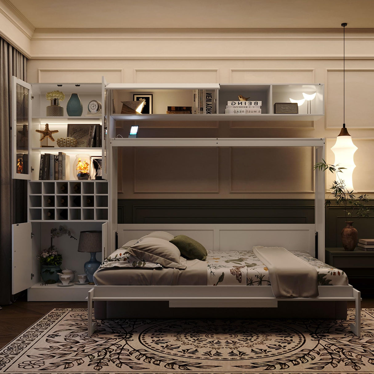 Full Murphy Bed with Couch and Storage Shelves,Charging Station& LED Light,Wood Foldable Murphy Wall Bed Cabinet with Sofa and Storage Cabinet,Bookcase,Wine Rack (White,Full) MERITLINE