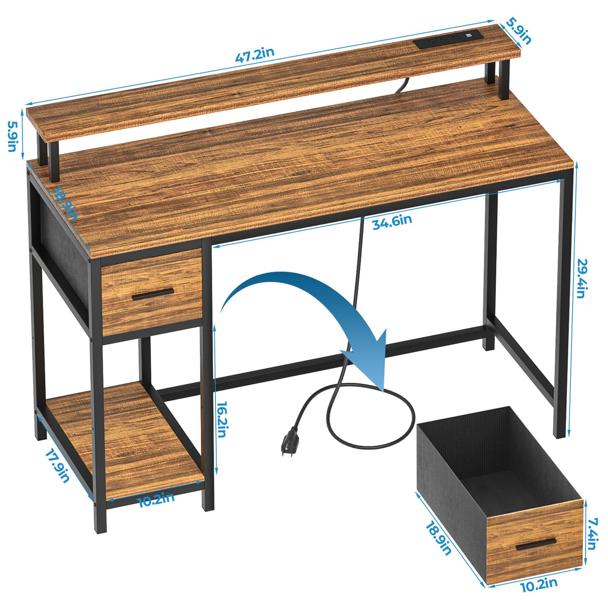 GreenForest Computer Desk with Drawers 47 inch,Gaming Desk with LED Lights & Power Outlets Small Desk with Monitor Stand and Reversible Shelf,Walnut GreenForest