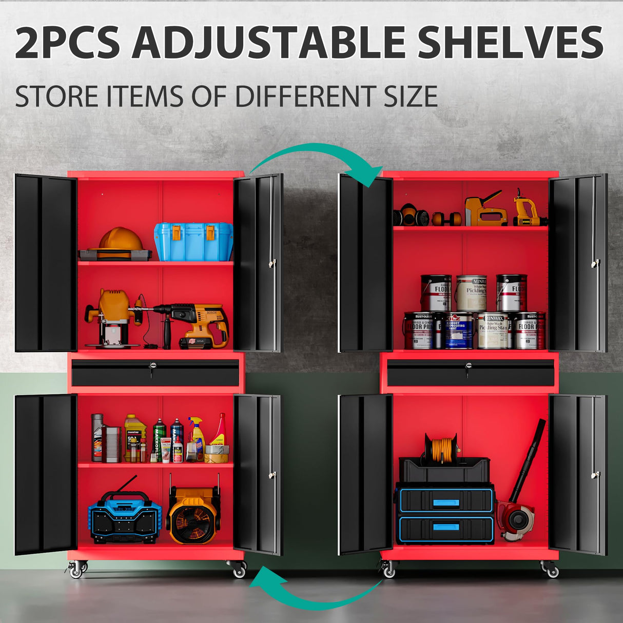 Metal Storage Cabinet with Wheels and Drawer,Rolling Garage Storage Cabinet with Lock,Black Red Metal Cabinet with Wheels,73" Mobile Tall Large Storage Cabinet on Wheels for Home,Office,Garage,Shop SISESOL