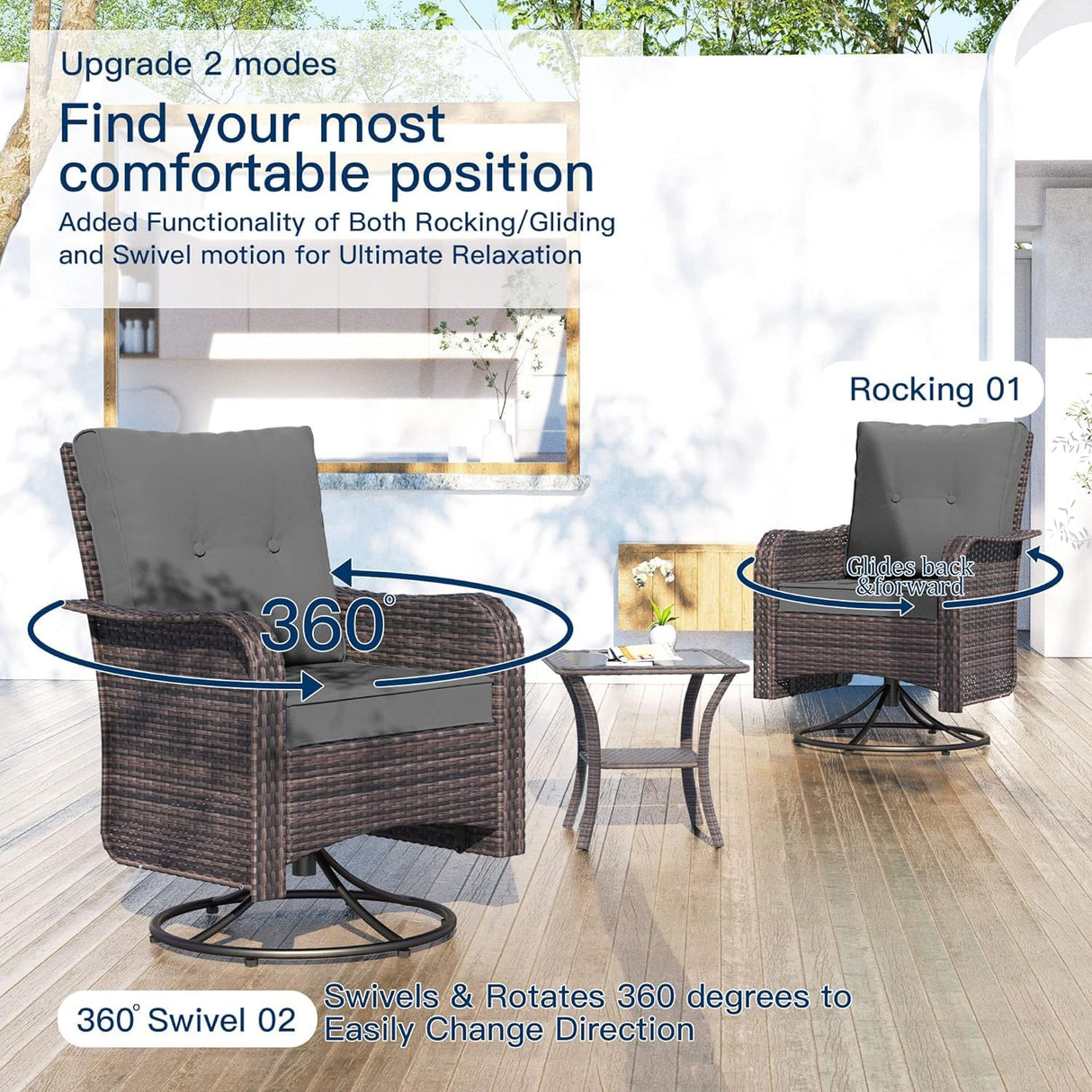 Kullavik 10 Pieces Outdoor Patio Furniture Set with 55000BTU Gas Propane Fire Pit Table,PE Wicker Rattan Sectional Sofa Patio Conversation Sets,Swivel Rocking Chairs Set,Grey Kullavik