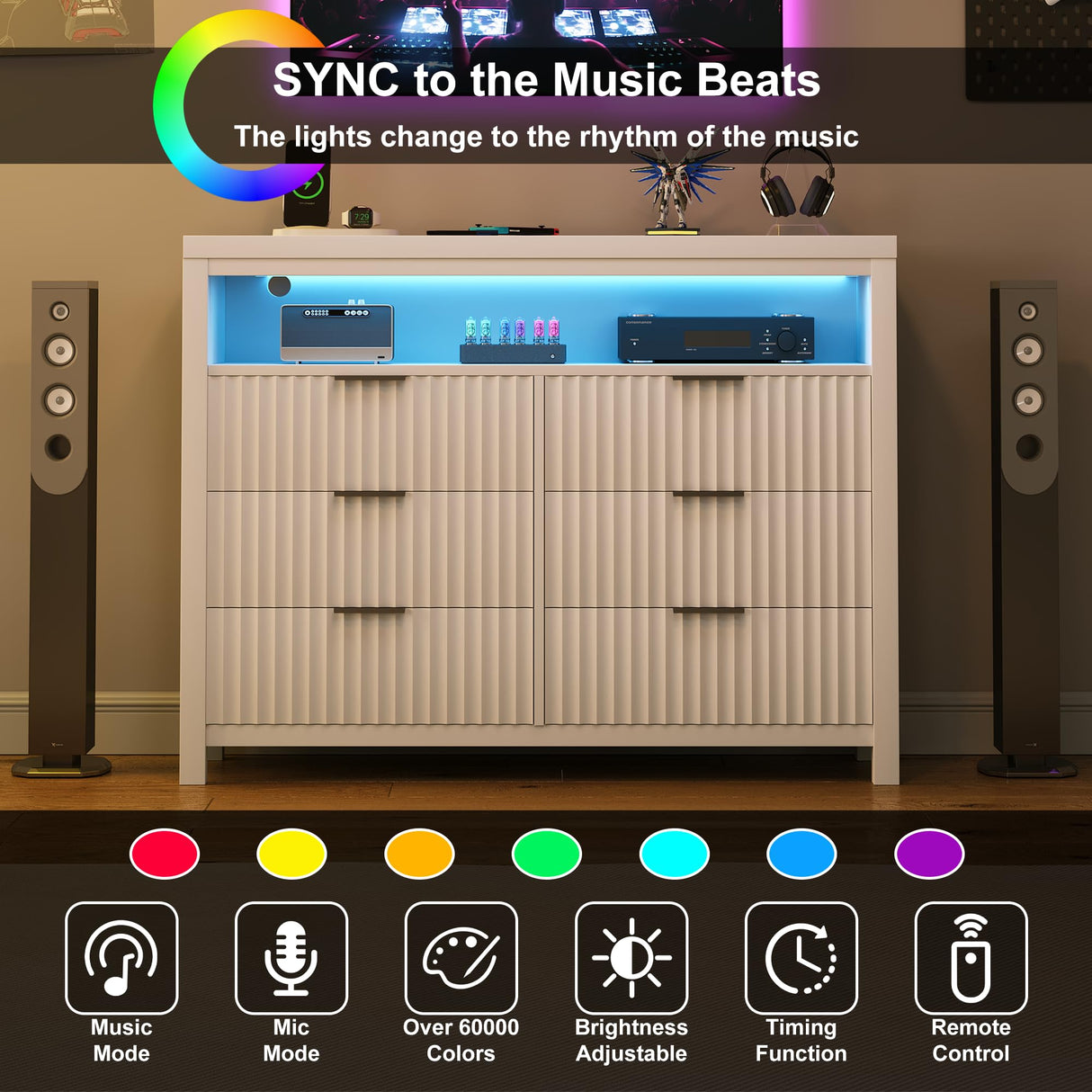 Fluted 6 Drawer Dresser with Power Outlet and LED Lights,Modern Chest of Drawers with Charging Station,Large Dresser TV Stand,Double Wooden Drawer Organizer for Bedroom,Living Room, Hallway(White) Jocoevol