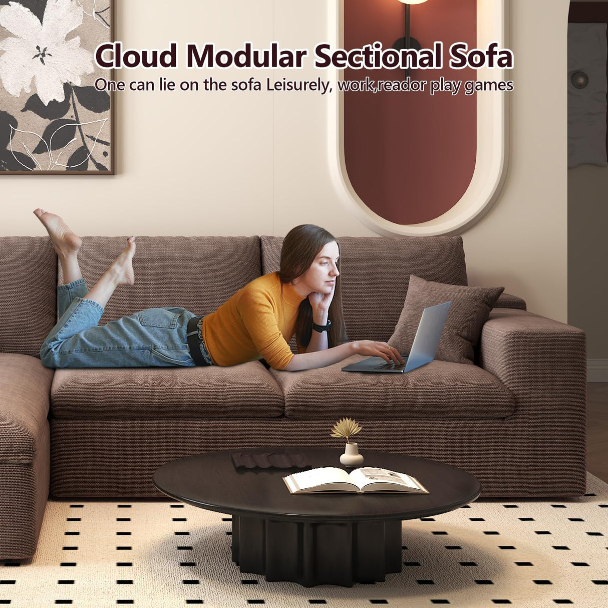 107'' L-Shaped Modern Modular Sectional Cloud Couch, 4-Seat Chenille Deep-Seat Sofa with Pillow for Living Room, Bedroom, Apartment, Camel YUODL