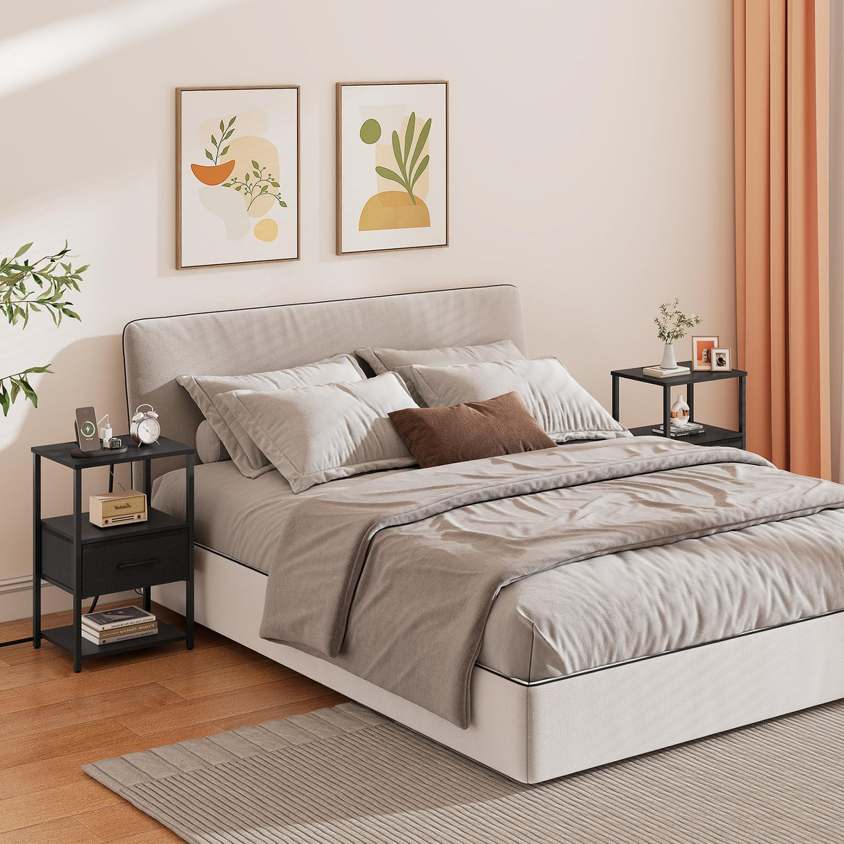 TUTOTAK End Table, Side Table with Charging Station, Nightstand Set of 2, Bedside Table with Fabric Drawer, Couch Table for Livingroom and Bedroom, Black TB01BK0692 TUTOTAK