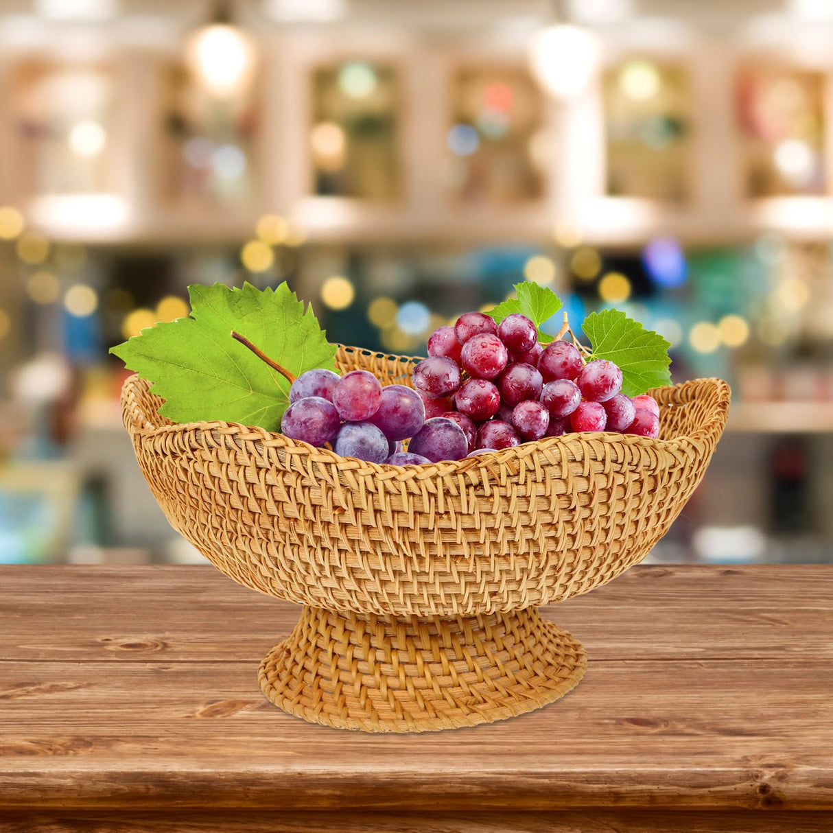 BRIGHTFUFU 5.5H*9.83W inch Rattan Fruit Plate Key Bowls Woven Snack Basket Snack Plate Tabletop Storage Tray Rattan Fruit Basket Decorative Pedestal Bowl Weaving Storage Holder Grocery Basket Dried Fr BRIGHTFUFU